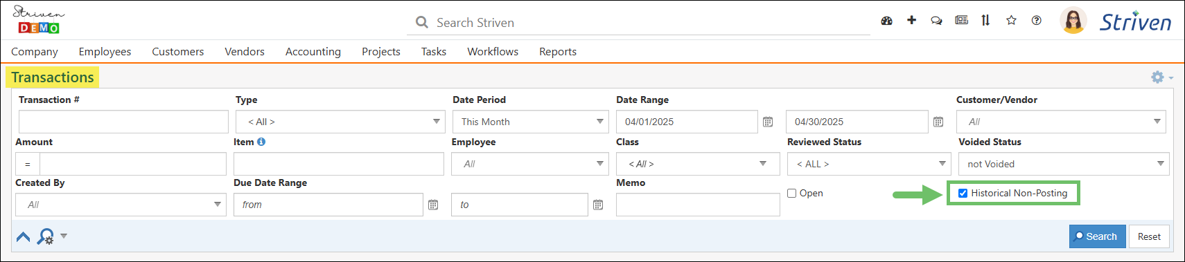 Transactions List page showing the Historical Non-Posting search filter option