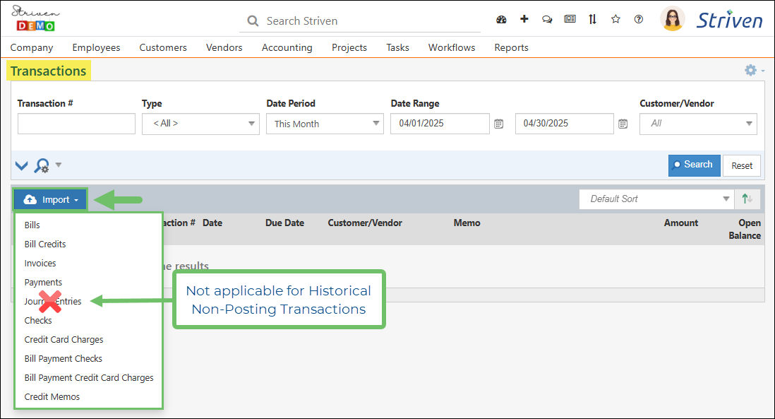 Transactions List page showing the transaction related import options available for historical non-posting transactions