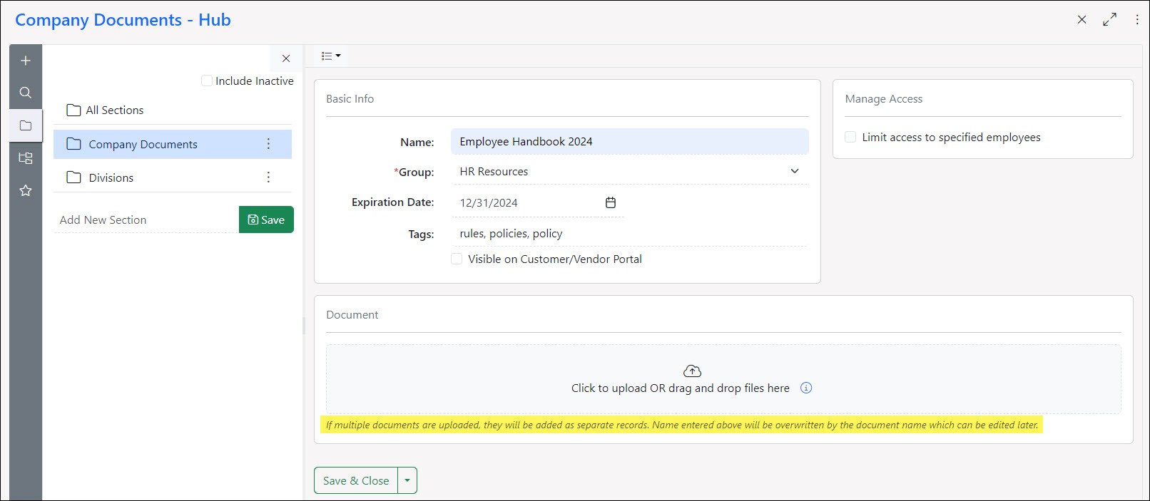 Add Document page in Striven's Hub with fields for Name, Group, Expiration Date, and Tags