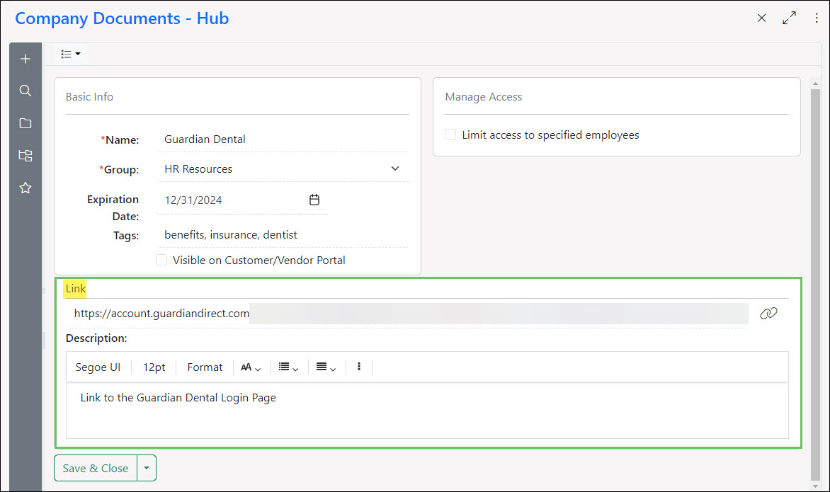 Add Link page in Striven's Hub with fields for Name, Group, Expiration Date, and Tags along with a field to store the URL and a description of the link