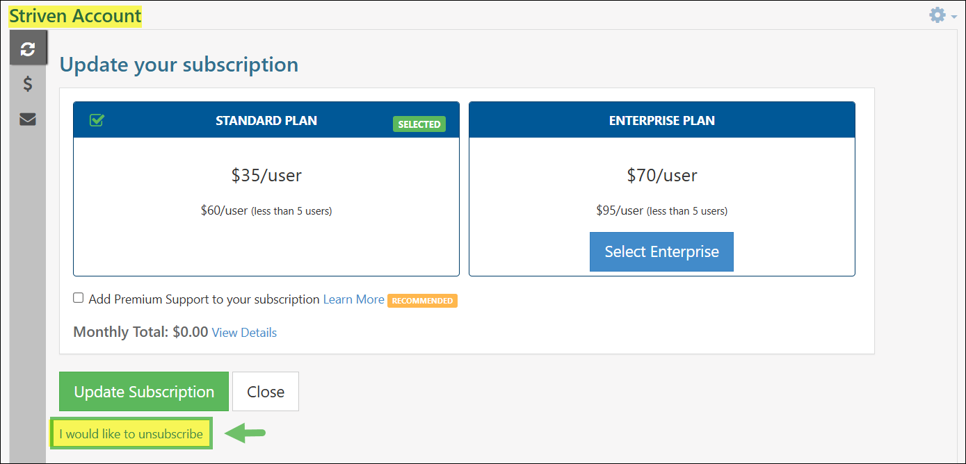 Example showing the I would like to unsubscribe link