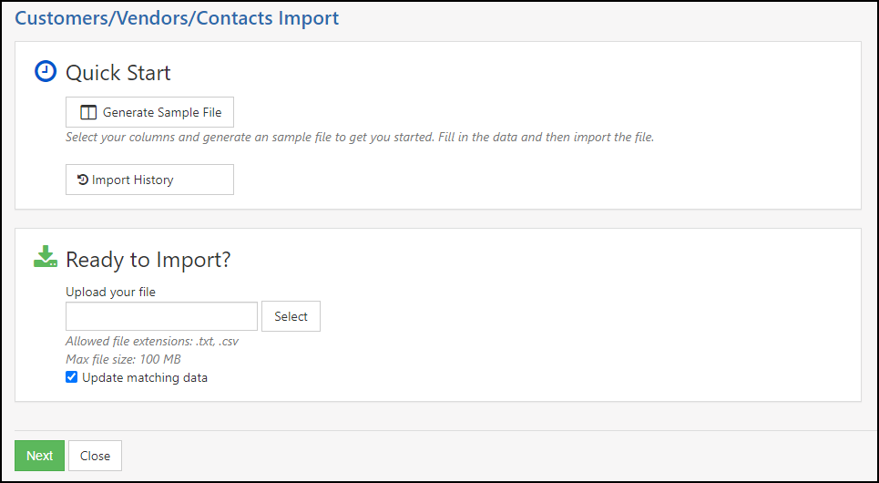 Image of the Customer/Vendor import screen within Striven