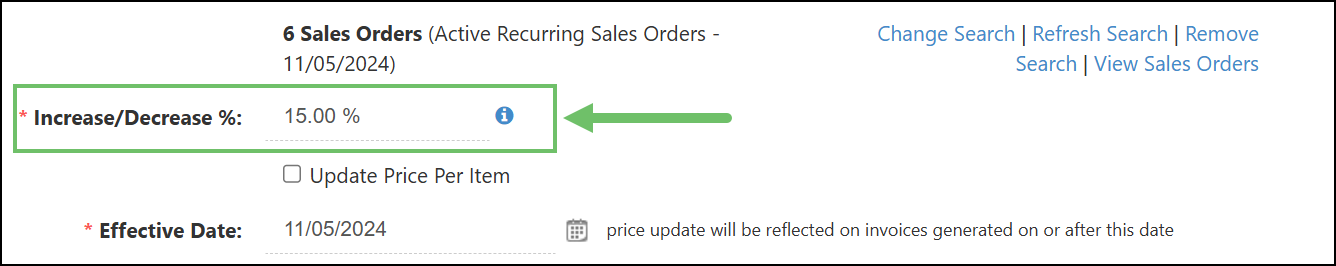 Example of utilizing the Increase/Decrease field to adjust the price