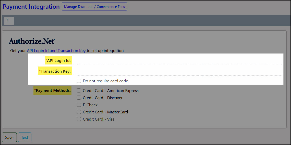 Image of the API Login Id and Transaction Key fields when integrating Authorize.net