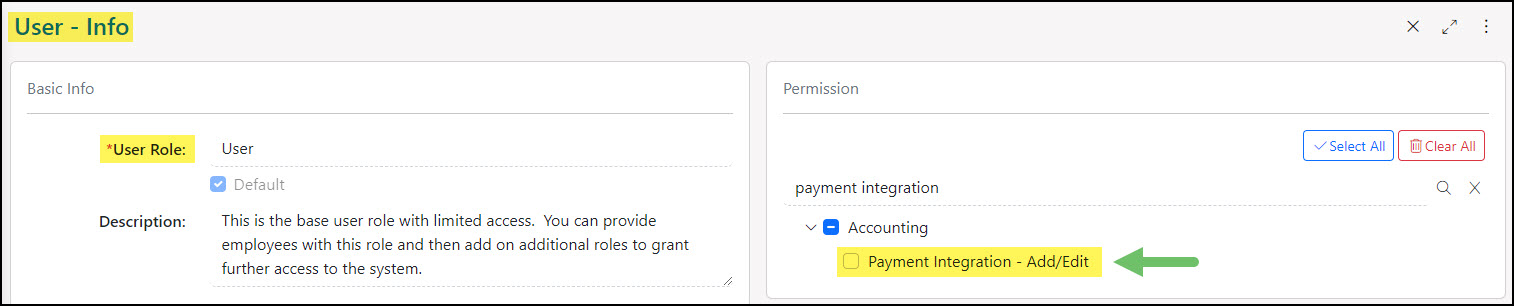 User Role of Payment Integration-Add\Edit required to complete Authorize.net integration