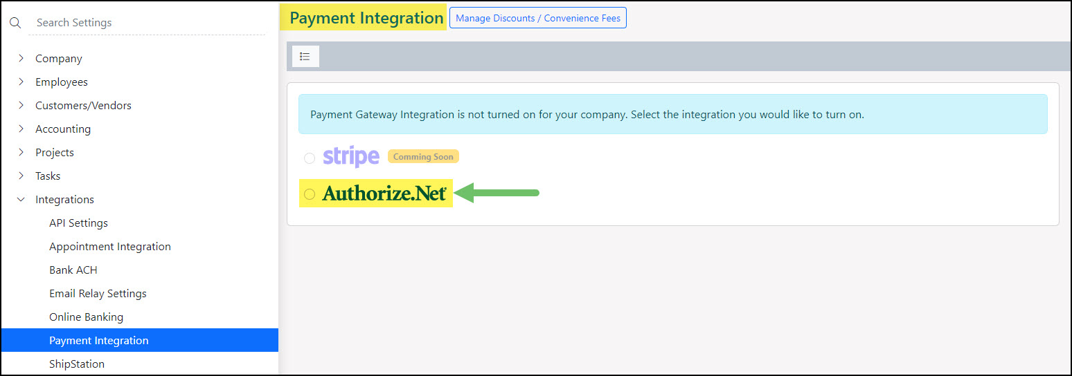 Image of where to enable the Authorize.net integration within the Striven Core Settings