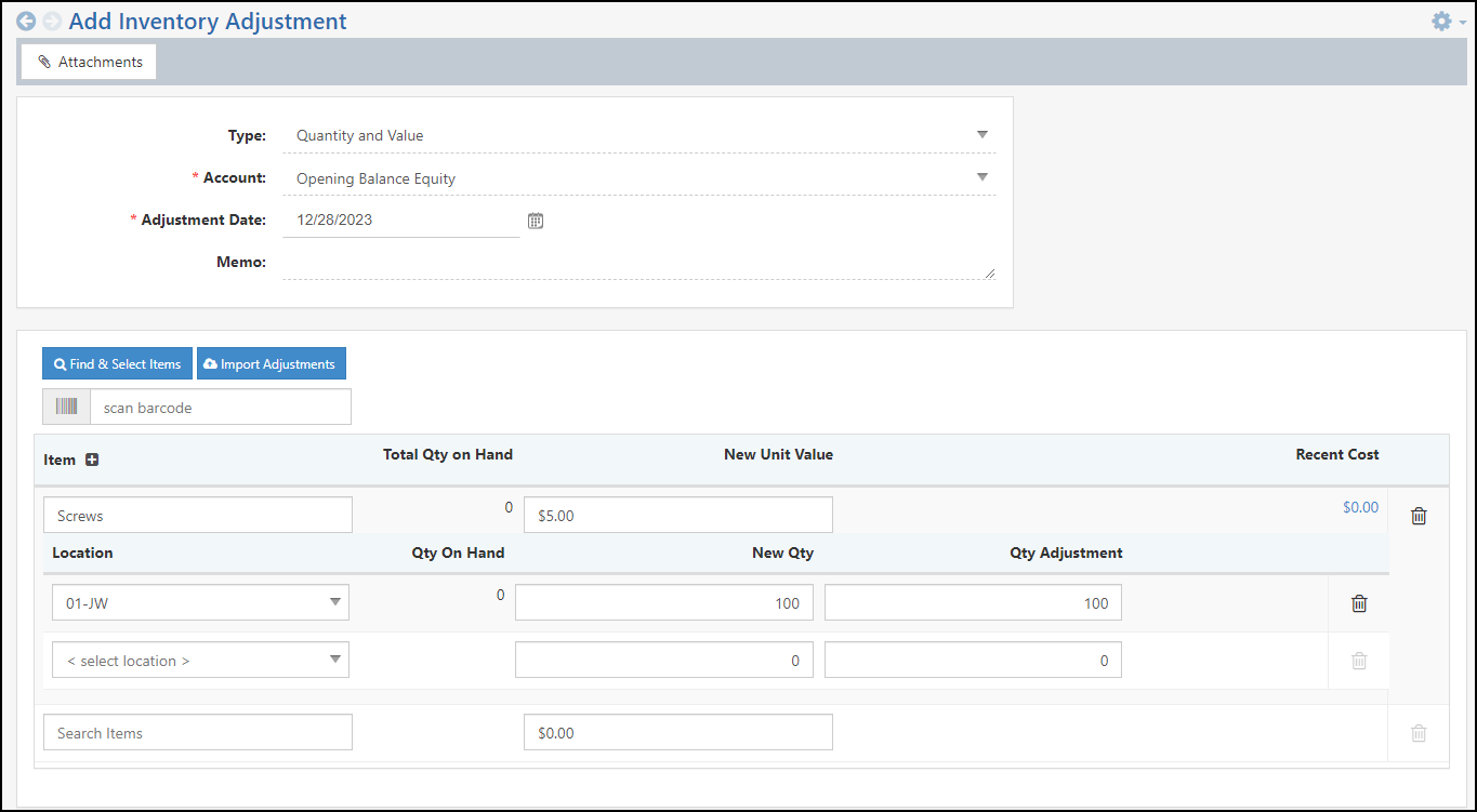 Example of a Quantity and Value adjustment for an Opening Balance inventory adjustment