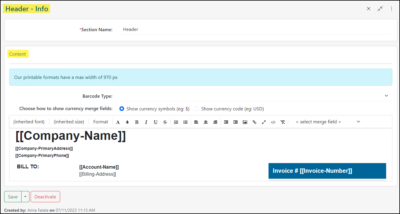 Image of an Invoice Format Content Section