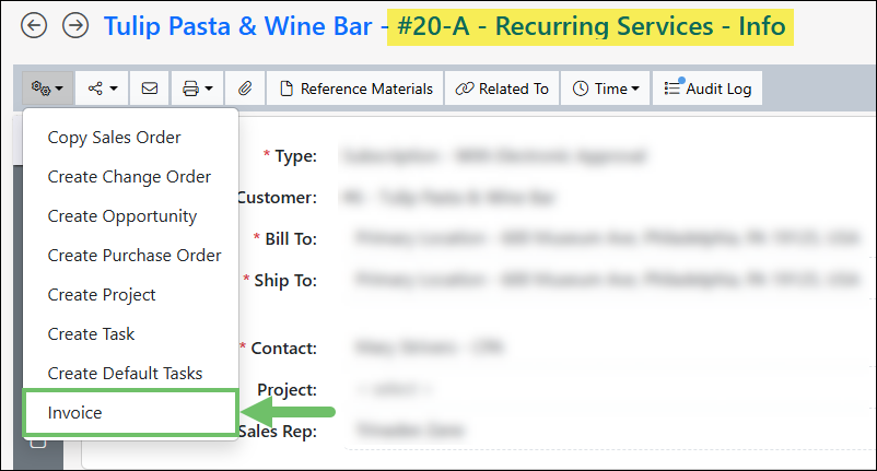 Example of Manually Invoicing a Recurring Order