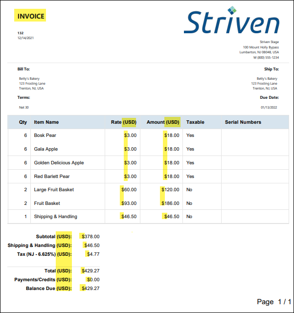 Invoice printable format - currency symbols & codes