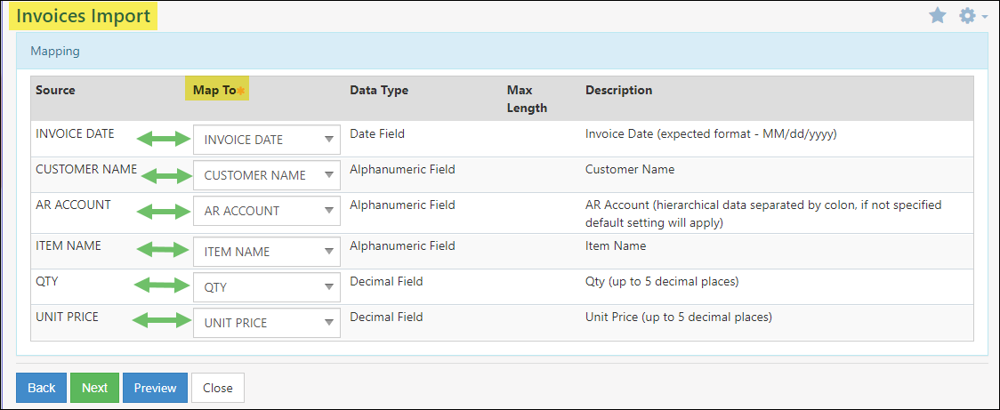 Invoices Import Mapping Page