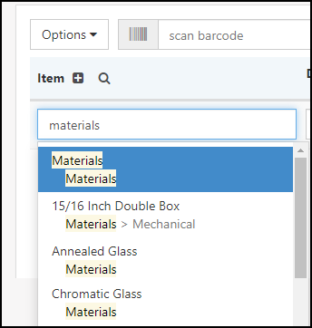 Item drop-down list showing highlighted search results