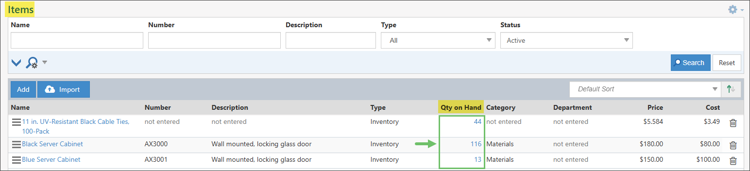 The Item Quick Report Link from the Items List