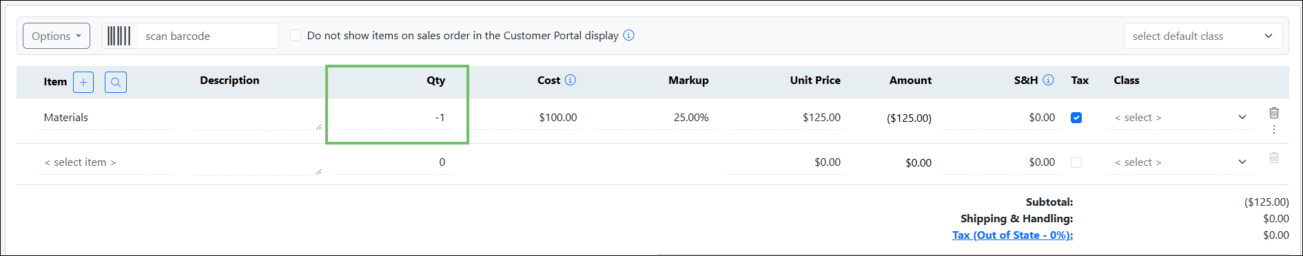 Example of Removing an Item using a Change Order