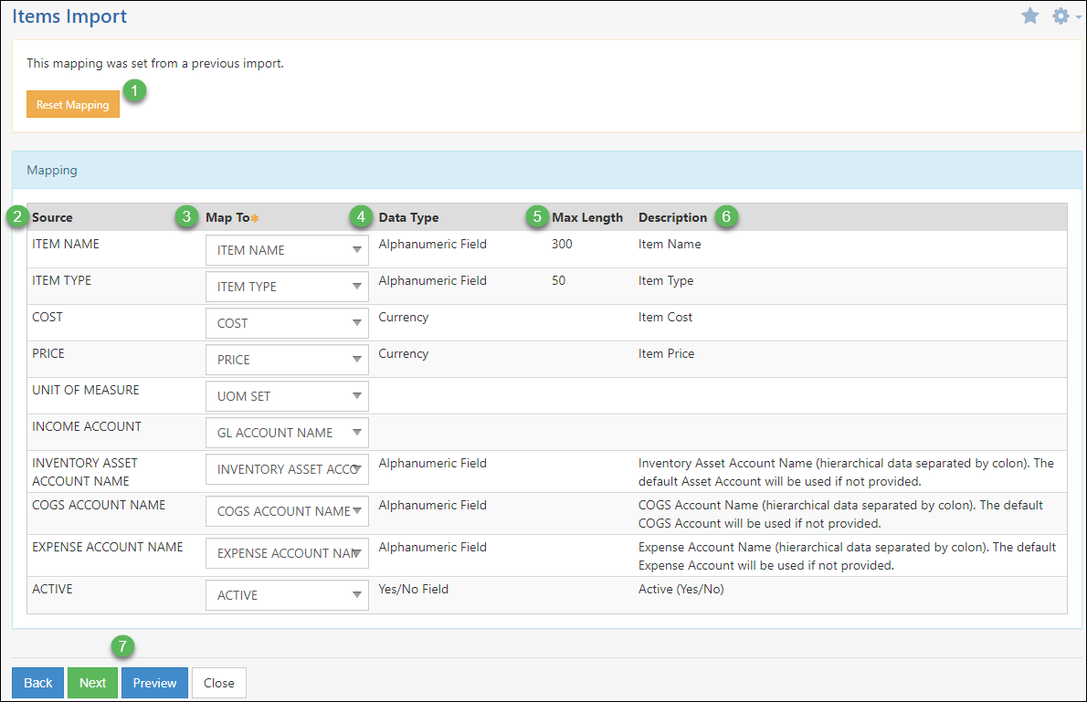 Example of Items Import Mapping with Column Headers, Reset Mapping button, and action options