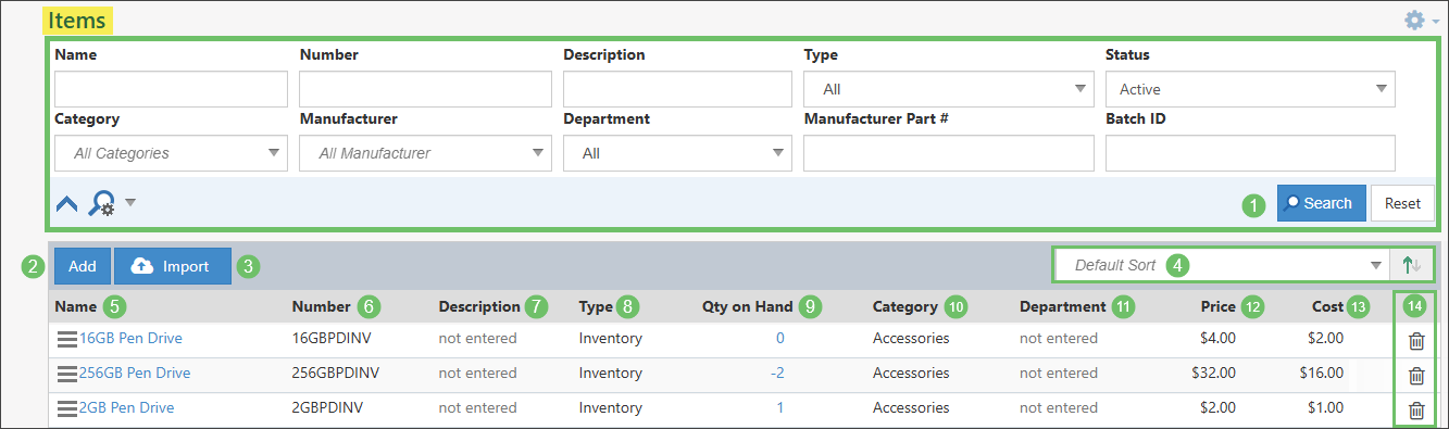Example of an Items List in Striven