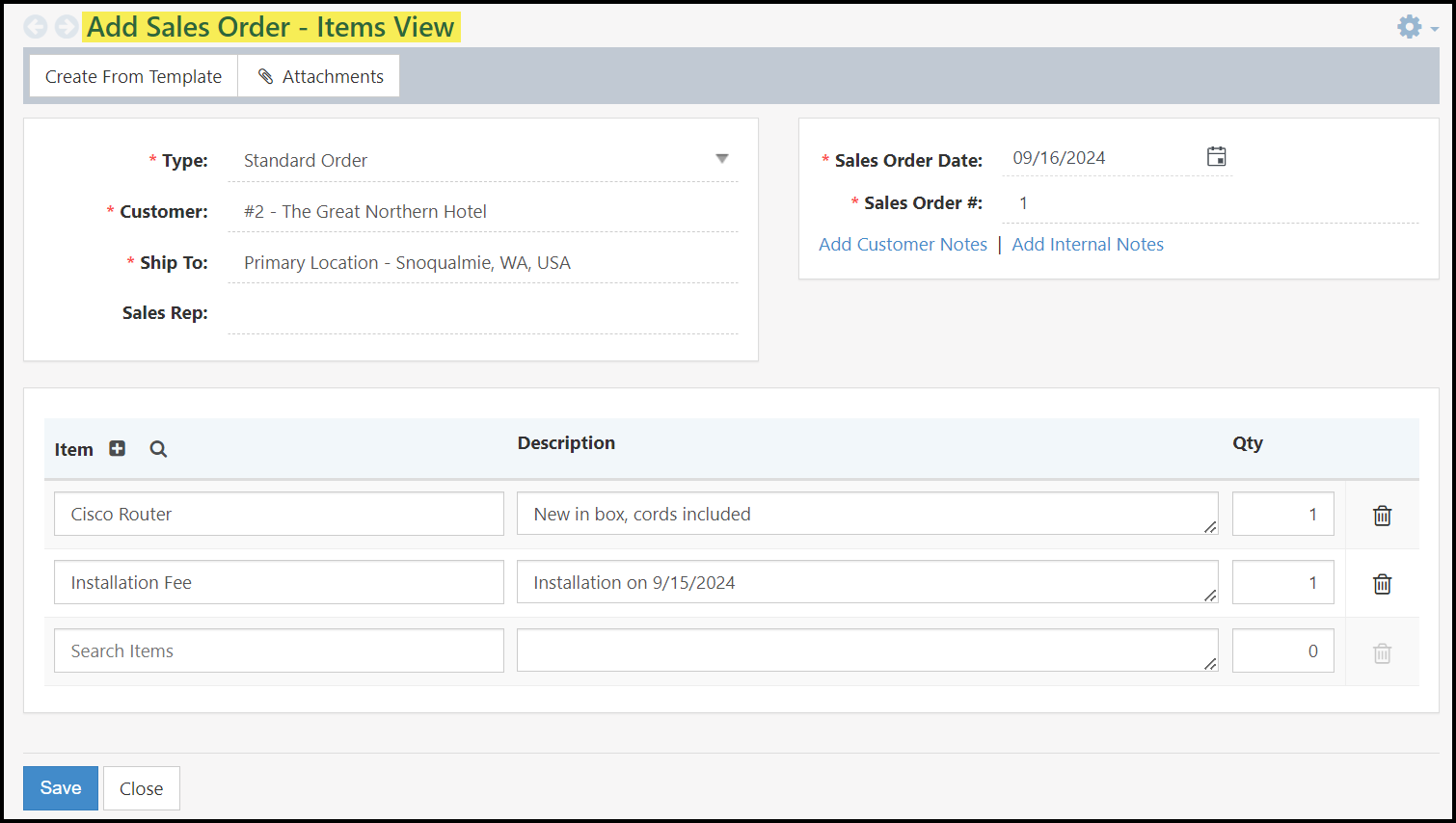 Example of a Sales Order as viewed by a user with the permission 
