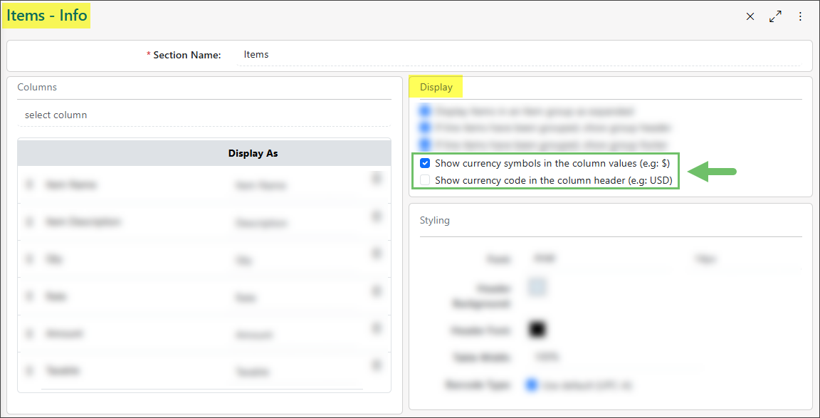 Items section highlighting the Currency settings for the Sales Order format