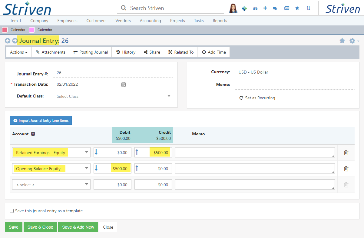 Journal Entry using a flagged Retained Earnings account