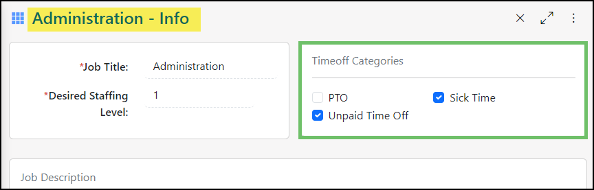 Image of the Time Off settings available per Job Title in Striven