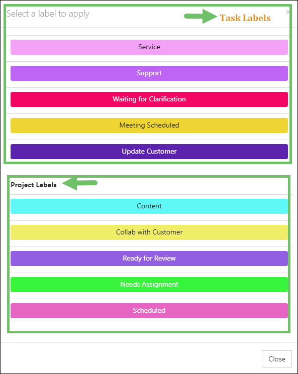 Label popup with Task Label options and Project Label options