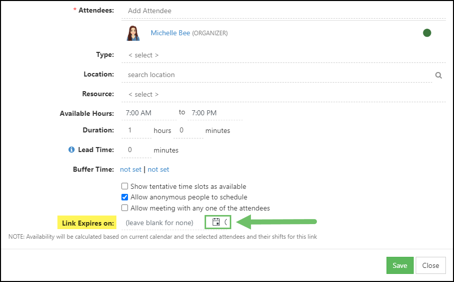 Example of the Link Expiration Date option on an Appt Link