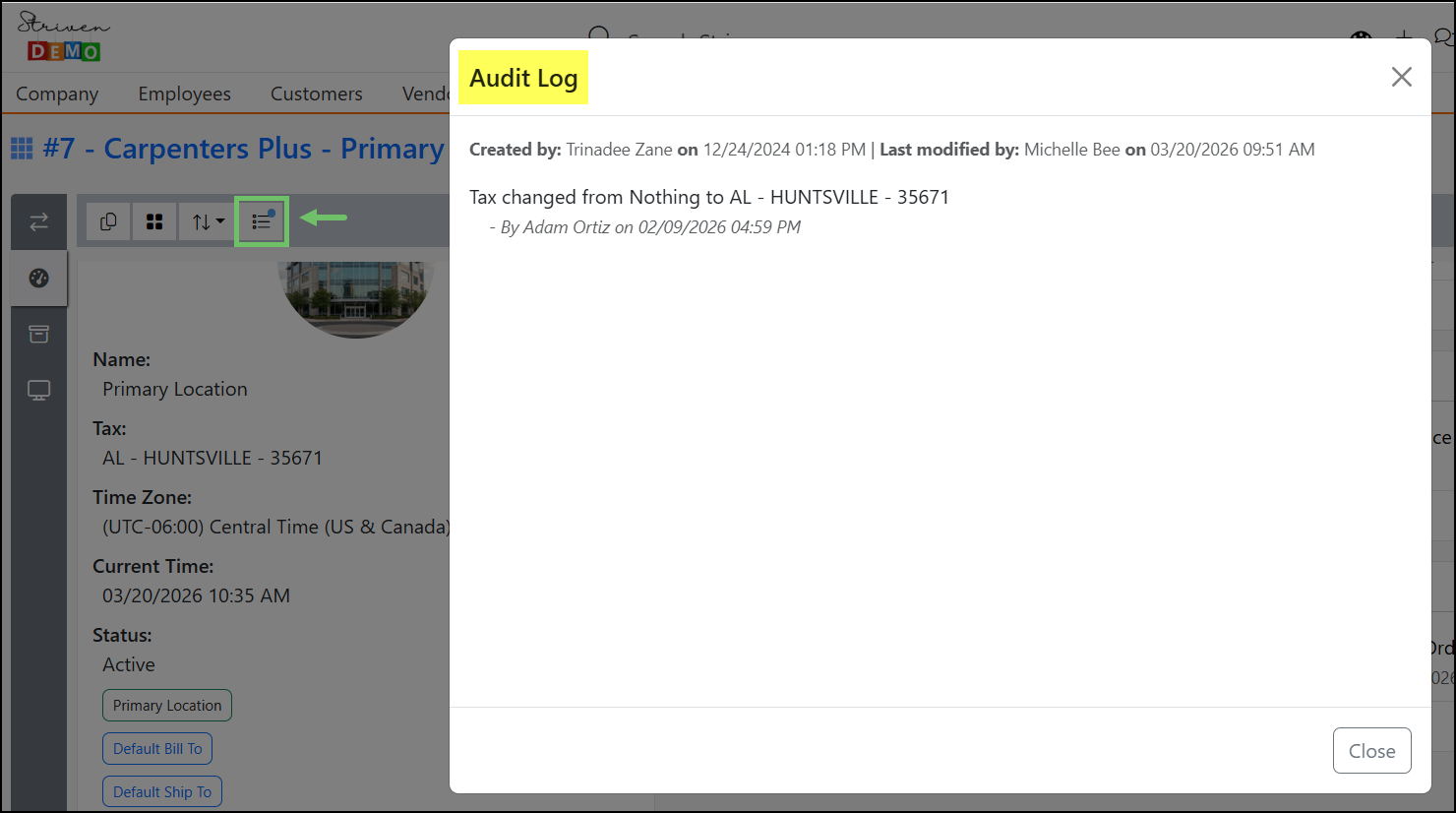 Example of the Audit Log for the Location Dashboard