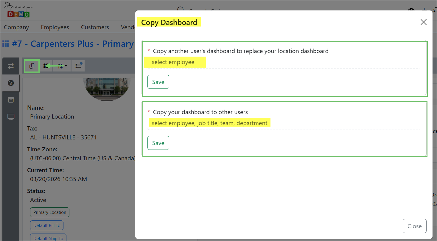 Example of the Copy Dashboard options for the Location Dashboard