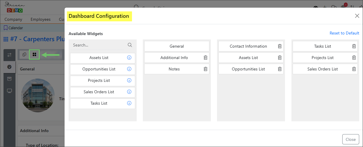 Example of the Dashboard Configuration popup on the Location Dashboard