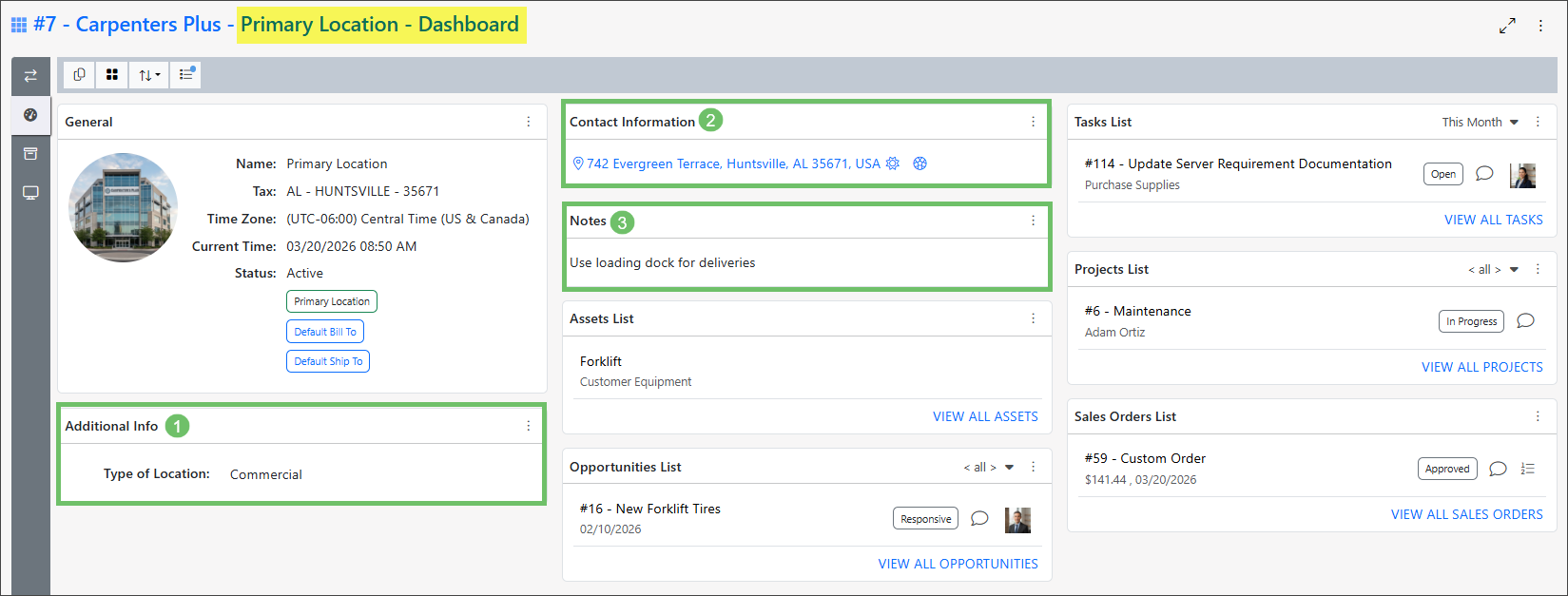 Example of a Location Dashboard highlighting the single-instance optional widgets