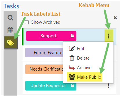 kebab menu on task label list to edit, delete, archive, or make a label public