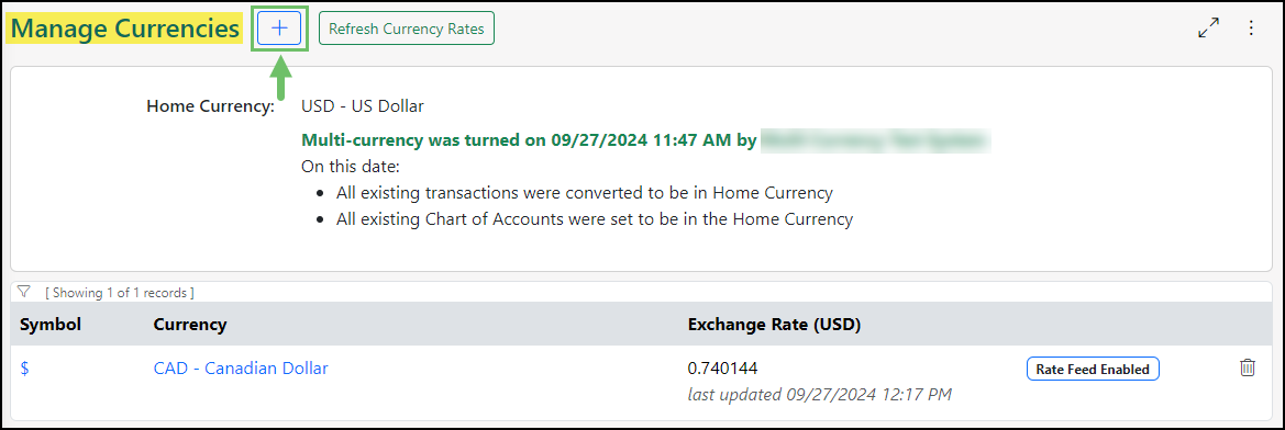 Image of the Manage Currencies Page