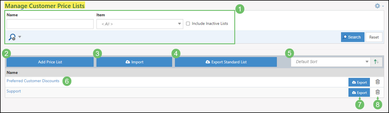 Image of the Manage Customer Price Lists Page within Striven