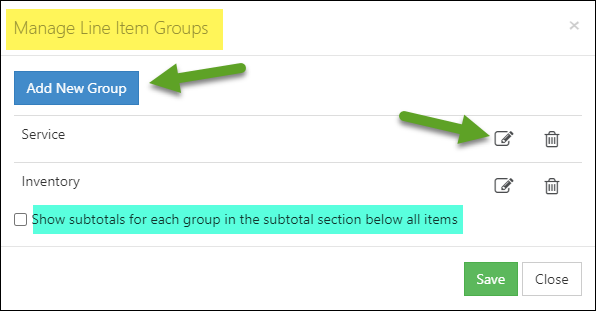 Manage Line Item Groups options to add group, edit group, or show subtotals for each group