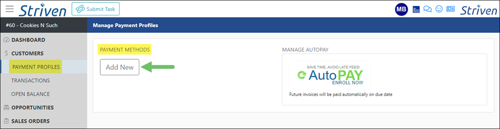 Manage Payment Profiles page in the Customer Portal