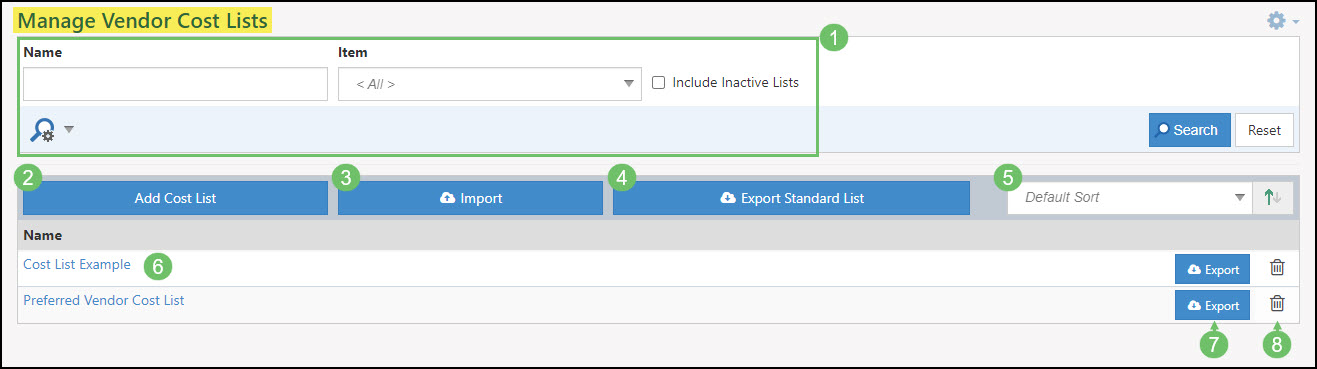 Image of the Manage Vendor Cost Lists page in Striven