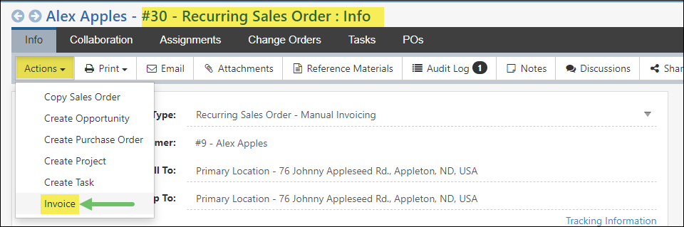 Sales Order Actions Menu option to Invoice