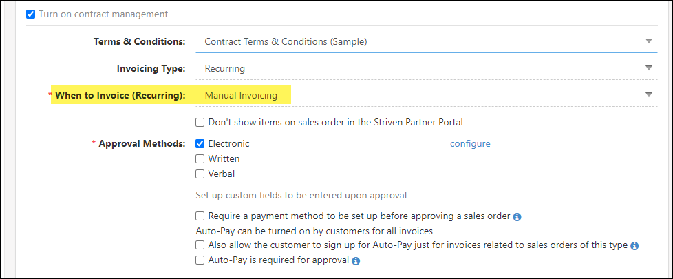 Contract management Settings for Sales Order Type Settings