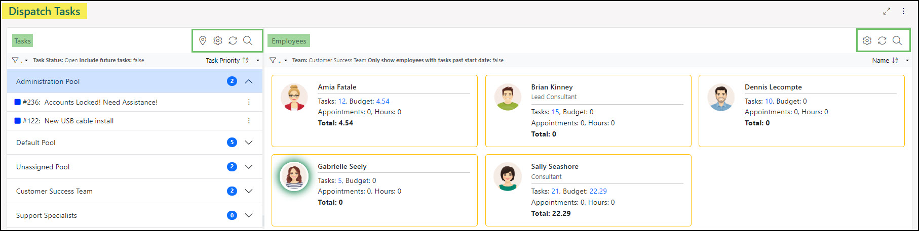 Dispatch Tasks page showing Task List pane and Employee List pane