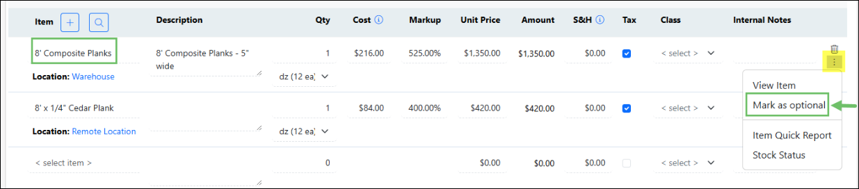 Example of the mark as optional option on a SO line item