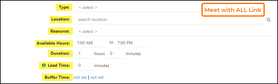 Example of the Appt Link Options for a Meet with All Link
