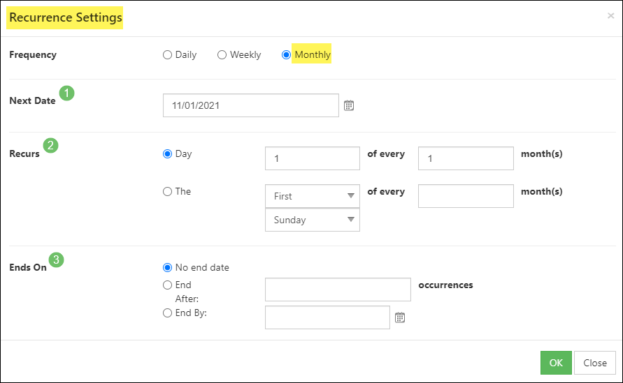 Monthly recurrence settings for appointments