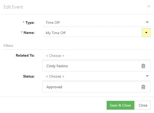 Edit Event for Time Off including Type, Name, Related to, and status