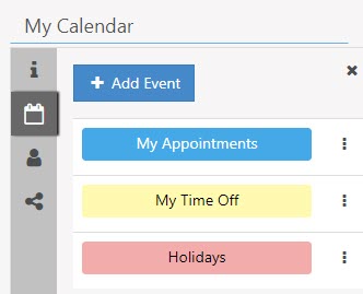 My Calendar Default options including add event, my appointments, my time off, and holidays