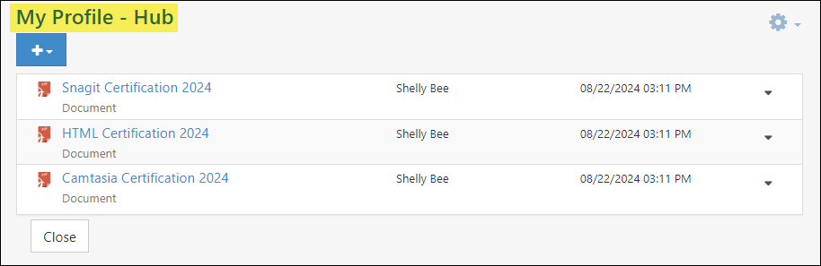 Image of the My Profile - Hub page showing examples of certification documents stored therein