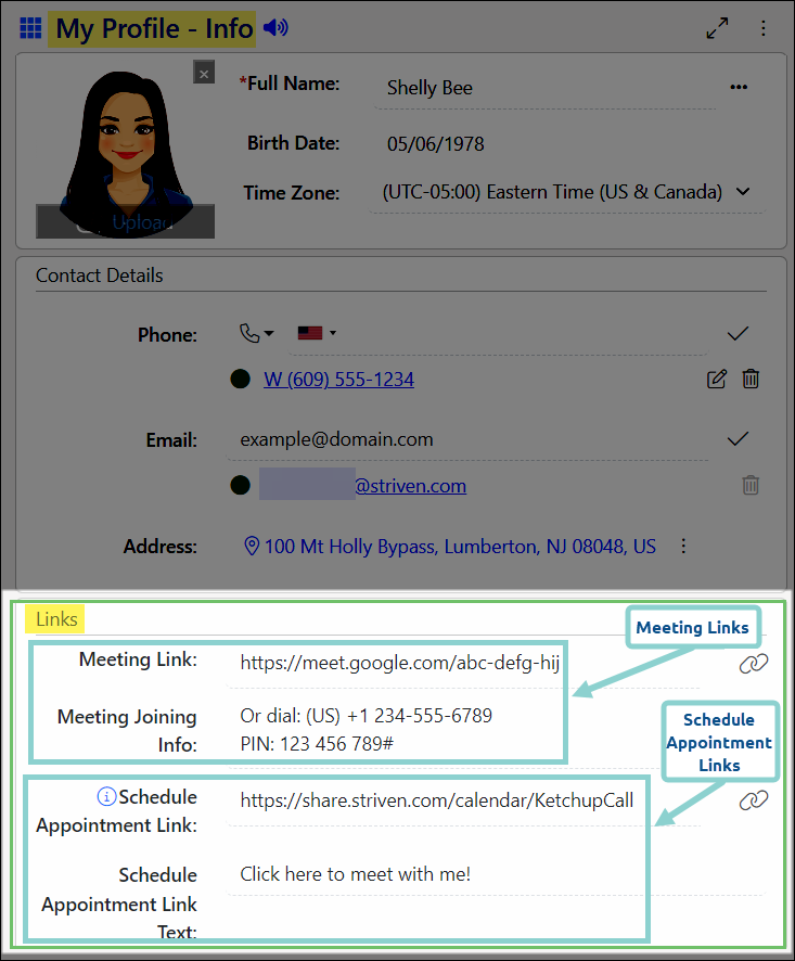 Image displaying the meeting links and schedule links info from the My Profile - Info page