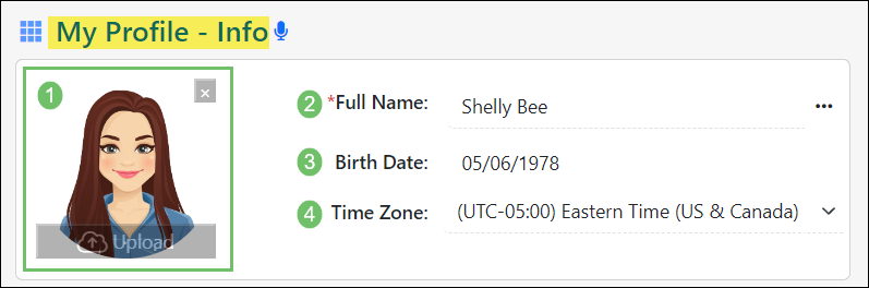 Image displaying the top panel of the My Profile - Info page including the profile image, full name, birth date, and time zone settings