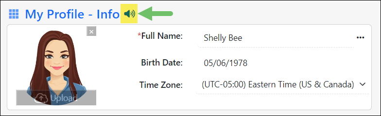 Image of the My Profile - Info page highlighting the speaker icon for the name recording option