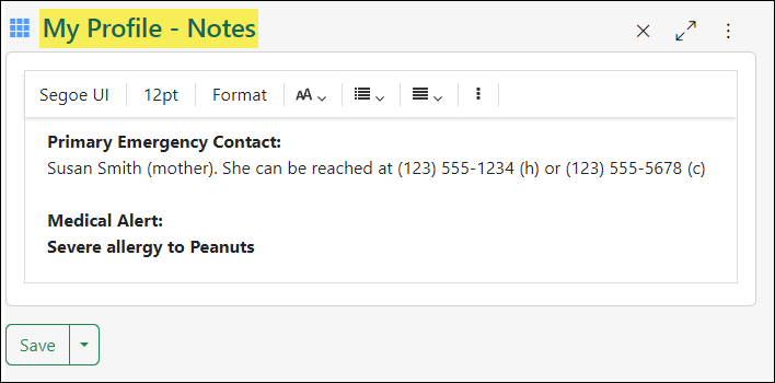 Image of the My Profile - Notes page in Striven showing an example of In Case of Emergency (ICE) contact info or important medical alerts like a peanut allergy