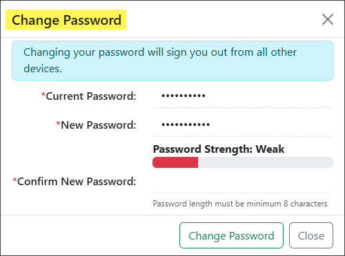 Example of the Change Password popup with fields to enter your current password and new password, along with a password strength meter.